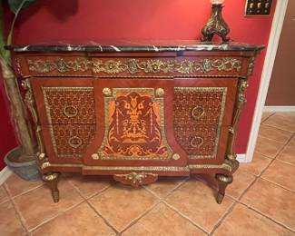 Louis XVI Style Ormolu-Mounted Marquetry Commode with Marble Top