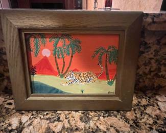 Framed Painting of a Tiger in a Tropical Landscape