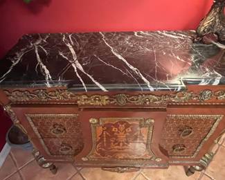 Louis XVI Style Ormolu-Mounted Marquetry Commode with Marble Top