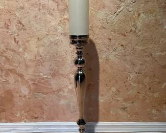 Silver-Tone Metal Pedestal Candle Holder with Pillar Candle