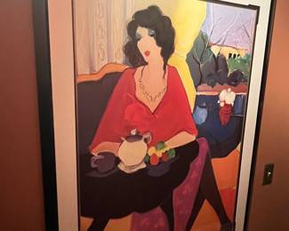 Woman with Red Shawl and Tea Set Lithograph by Itzchak Tarkay