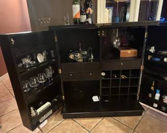 Black Lacquer Bar Cabinet with Wine Storage and Brass Hardware