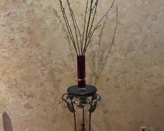 Decorative Metal Plant Stand with Red Glass Vase and Pussy Willow Branches