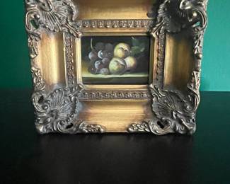 Miniature Still Life Painting of Grapes and Peaches in Ornate Frame by M. Aaron