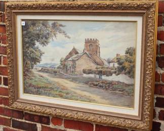 Burnett, James Walton (1874-1963) Orginial Water- Color of a British Landscape With Lady carring Fire wood 1930. Original Watercolor painting on wove paper mounted on board, signed by the artist lower right, 505mm x 760mm w/ COA