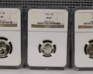 1963 Graded 5pcs Coin Set Including: PF 67 Half Dollar, PF 67 Quarter, PF 67 Dime, PF 67 Nickel, PF 67 Penny
