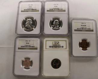 1954 Graded 5pcs Coin Set Including, PF 66 Half Dollar, PF 66 Quarter, PF 67 Dime, PF 68 Nickel, PF 66 Penny