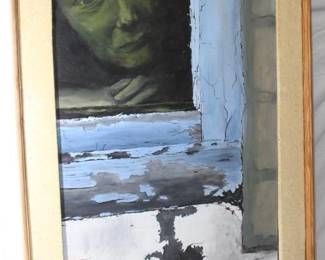 Oil on Board Original Vintage Green Face Looking Through Window Pane, Frame 44" x 32"