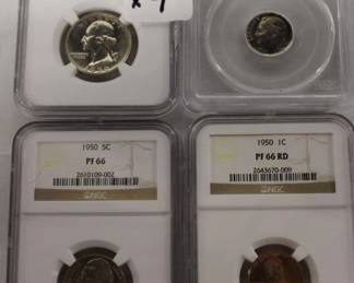 1950 Graded 4pc Coin Set Including: PF 67 Quarter, PR67 Dime, PF 66 Nickel, PF 66 Penny