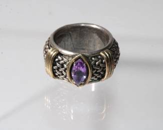 18kt yellow gold and sterling silver Designer Ring hallmarked 18kt - Italy - .925, features approx 1.25ct marquise amethyst set in gold bezel with triple band gold bars on each side, size 7, 11.3 grams total weight