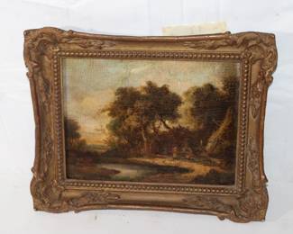 19th Century English Oil on Board Landscape in an ornate gilded frame, 11" x 13.5"