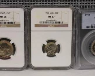 1966 Graded 5pcs Coin Set MS67 Half Dollar, MS68 Quarter, MS67 Dime, SP67 Nickel, MS67 Penny