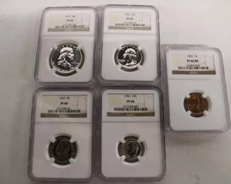 1953 Graded 5pcs Coin Set including: All PF 66, Hald Dollar, Quarter, Dime, Nickel, Penny