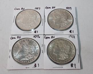 4 Uncirculated Morgan Silver Dollars 1886, 1887, 1889, 1921