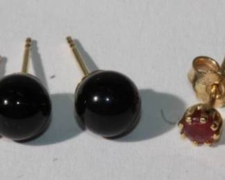 3 Pair of 14kt yellow gold Pierced Stud Earrings; 1 - pair are ruby, 1 - pair are black onyx, 1 - pair are gold balls, 1 set of earring backs are interchanglabe all for one money