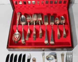 Fairfax Sterling Silver Flatware by Gorham, 3,053 grams for spoons, Ladles & Forks and 916 grams for weighted knives, Grand total of ALL is 3,969 grams. (some are monogrammed and may not be Gorham)
31 Salad forks, 12 dinner forks, 17 tea spoons, 9 tabl