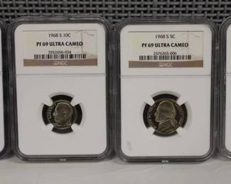 1968's Graded 4pcs Coin Set Ultra Cameo, All PF 69,Half Dollar, Dime, Nickel, Penny