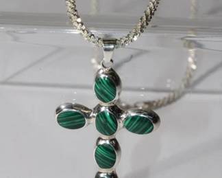.925 Sterling Silver Cross Pendant and Chain, cross features 6 oval bezel set malakite cabochons is approx 2" long and just over 1" wide chain measures approx 18" long and total weight for Pendant & chain is 12.3 grams