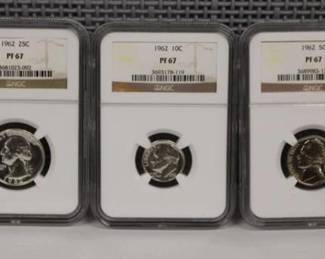 1962 Graded 5pcs Coin Set Including: PF 67 Half Dollar, PF 67 Quarter, PF 67 Dime, PF 67 Nickel, PF 67 Penny