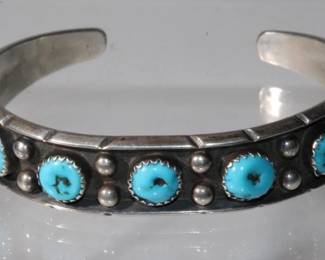.925 Sterling Silver Native American Artist signed PL sterling, cuff bracelet with 5 cabochon round tourquoise bracelet, 16.9 grams total weight