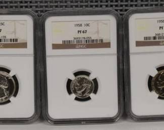 1958 Graded 5pcs Coin Set Including: PF 67 Half Dollar, PF 67 Quarter, PF 67 Dime, PF 67 Nickel, PF 67 Penny