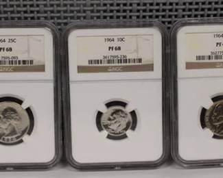 1964 Graded Coin Set PF 68, Kennedy Half Dollar, PF 68 Quarter, PF 68 Dime, PF 68 Nickel, PF 69 Penny