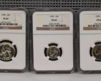 1959 Graded 5pcs Coin Set Including: PF 67 Half Dollar, PF 67 Quarter, PF 67 Dime, PF 67 Nickel, PF 67 Penny