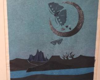 Yoshio Kanamori Japanese Woodblock Print of Moon, Butterflies, Mountain, and water, 12 of 30, Signed lower right, Frame 25" x 21"