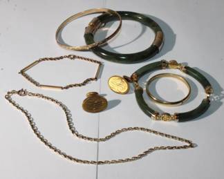 Large lot of gold filled Jewelry to include to Jade Bracelets one bangle style one link style plus and additional, 27.5 grams in chains, bracelets, cuff links, Jade Bracelets weight 63 grams all for one money