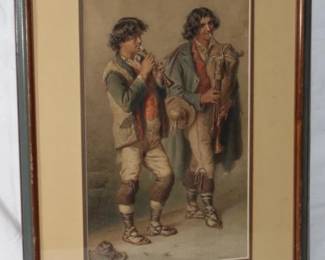 Original Watercolor by Carl Goebol (1824 - 1899) "Bagpipe and Flute Player", Frame 24.5" 18"