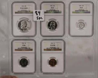 1952 GRaded 5pcs Coin Set Including: PF 63 Cameo Half Dollar, PF 67 Quarter, PF 67 Dime, PF 68 Nickel, PF 67 RD Penny