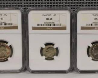1965 Graded 5pcs Coin Set MS67 Half Dollar, MS67 Quarter, MS68 Dime, MS67 Nickel, MS67 Penny