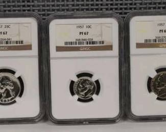 1957 Graded 5pcs Coin Set Including: PF 67 Half Dollar, PF 67 Quarter, PF 67 Dime, PF 67 Nickel, PF 67 Penny
