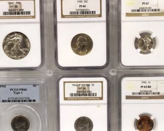 1942 Graded 6 Coin Set: 50c Walking Liberty pf66, Washington Quarter PF 66, Mercury Dime PF 67, Type 1 Jefferson Nickel PR 66, PF64 P Nickel, PF 65 RD Wheat Penny