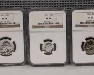1961 Graded 5pcs Coin Set Including: PF 67 Half Dollar, PF 67 Quarter, PF 67 Dime, PF 67 Nickel, PF 67 Penny
