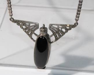 .925 Sterling Art Deco Perfume Bottle Necklace with black onyx bottle with screw off dabber and marcasite sterling silver wings, 29.8 grams total weight, very nice vintage pieces