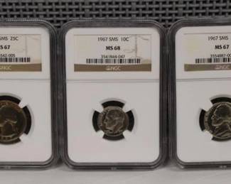 1967 Graded 5pcs Coin Set MS67 Half Dollar, MS67 Quarter, MS68 Dime, MS67 Nickel, MS67 Penny