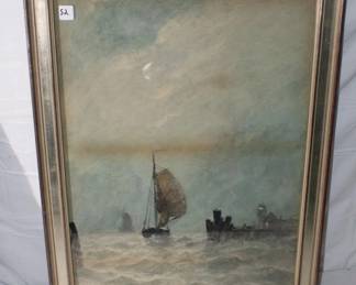 S. Thompson Original Watercolor Sailboat in the water in vintage frame 29" x 22.5"