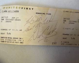 Will Clark Boarding Pass, Autographed. United Airlines First Class