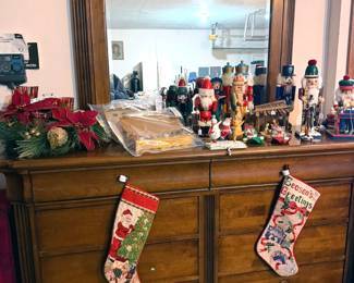 Stanley Furniture dresser with mirror + assorted Christmas decor, including Nutcrackers