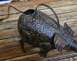 Whimsical Folk Art Hammered Copper Figural Pig Watering Can.