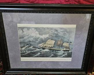 19th century Currier & Ives hand-colored lithograph depicting a maritime scene of a ship battling a storm.