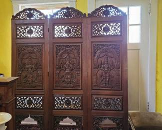 Hand-Carved Lotus Wood Folding Room Divider Partition Screen.