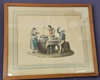 Watercolor painting on paper titled "Venditori e Mangiatori" (Sellers and Eaters of Macaroni), circa first quarter 19th century. Artist signed at bottom center; M. DeVito. This painting depicts a common scene in 19th century Naples, in which street vendors sold inexpensive pasta to working class people.