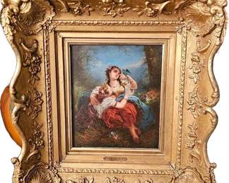  19th Century French Romantic Scene Oil Painting in Heavily Ornate Carved Baroque Gilded Frame.