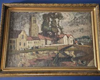 Late 19th century French Impressionist School, Oil on Canvas Painting, depicting a monastery with a pond in the foreground. In gilt wooden frame.