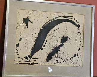 Abstract Ink Drawing in the style of the American Absract Expressionist artist Robert Motherwell, specifically resembling his "Beside the Sea" series.