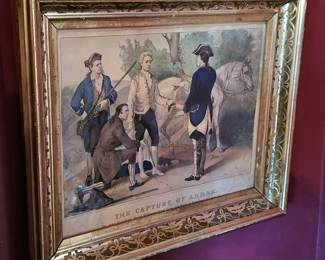 Hand-Colored Lithograph "The Capture of Andre at Tarrytown 1780." Published by Currier & Ives, 1876 edition for the Centennial, small folio. In a wonderful period decorated gilt wooden frame.
