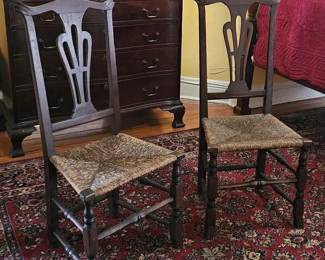 Antique New England Queen Anne Side Chairs, circa first quarter 19th century. Featuring yoke-shaped crest rails, vasiform splat, and woven rush seats. Appear to be all original.