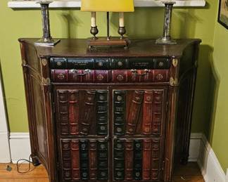 Vintage Faux Book Library Sideboard with twin drawers and decorative book bindings.